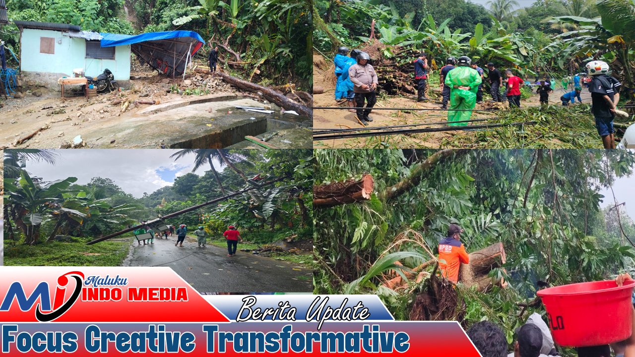 Polisi Bantu Warga Bersihkan Pohon Tumbang Tutup Akses Jalan Utama Amahusu